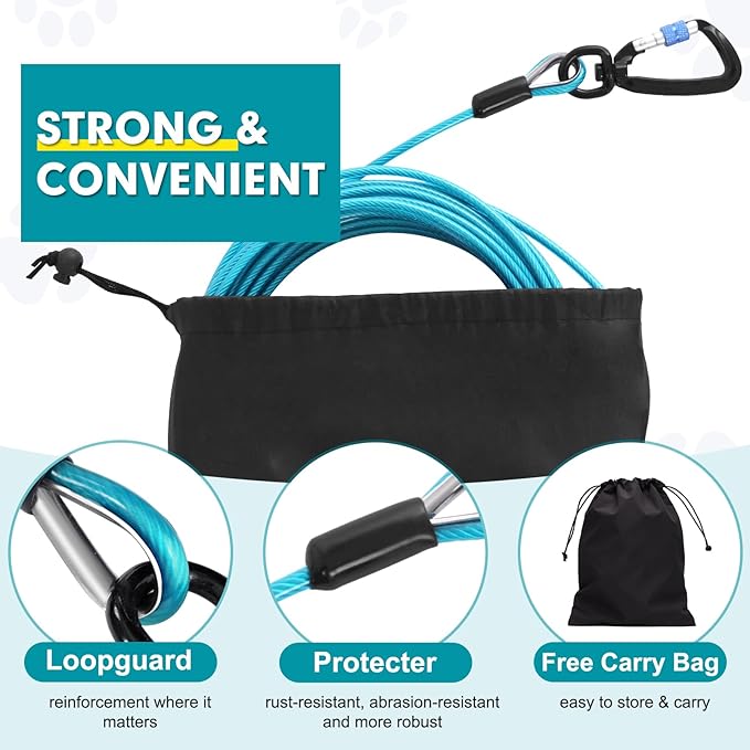 Snagle Paw Dog Leads for Yard 50FT-1000LBS Break Strength,Heavy Duty Tie Out Cable for Dogs with Swivel Lockable Hook &amp; Spring,Chew Proof Dog Chain for Outside,Dog Run Cable for Medium Large Dogs
