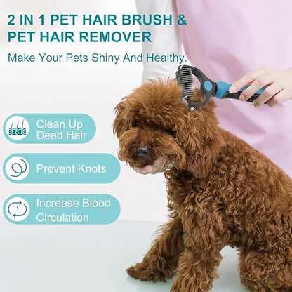 Pet Grooming Brush, Double Sided Undercoat Rake for Dogs &amp; Cats, Professional Deshedding Brush and Dematting Tool, Safe and Effective Removing Knots, Mats, Tangles,and Flying Hair (Blue)