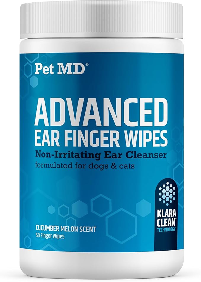 Pet MD Advanced Ear Finger Wipes for Dogs &amp; Cats - Non-Irritating Ear Wipes &amp; Ear Cleaner - Pet Safe Cleaner to Aid in Itchiness and Odor - Cucumber Melon (50ct)