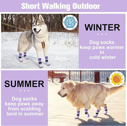 BEAUTYZOO Anti Slip Dog Socks for Small Medium Large Dogs with Grips Straps on Hardwood Floor Protection Wear, Traction Control 4 Pairs Double Side Paw Protector to Prevent Licking for Girl or Boy