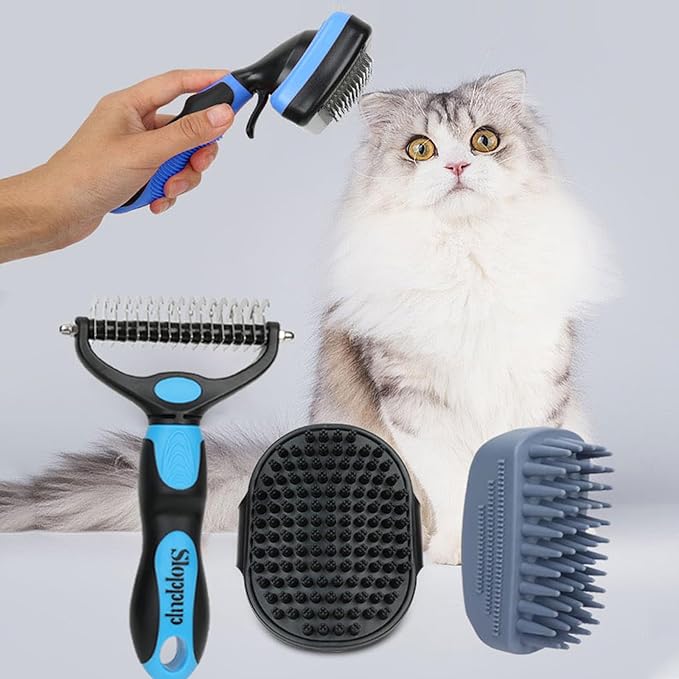 Dog Brush Kit for Grooming Short &amp; Long Haired Dogs &amp; Cats, 4-in-1 Pet Grooming Set with Self-Cleaning Slicker Brush, Deshedding Tool, Shampoo Bath Comb, Massge Comb (Blue Black)