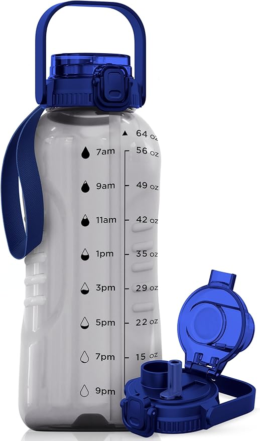 AQUAFIT 64 oz Water Bottle with Time Marker - 2in1 Straw &amp; Chug Lid - BPA Free Big Water Bottle with Straw - Gym Water Bottle with Strap - Water Jug (64 Ounces, Clarity)