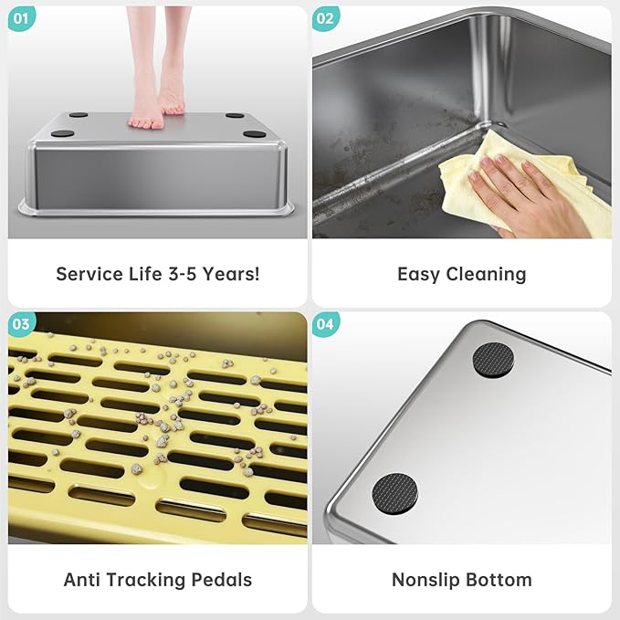 Stainless Steel Litter Box with High Side, XXL Extra Large Cat Litter Box for Big Cats &amp; Multiple Cats, Non-Sticky, No Urine Leakage, Easy Clean Cat Litter Pan Include Scoop