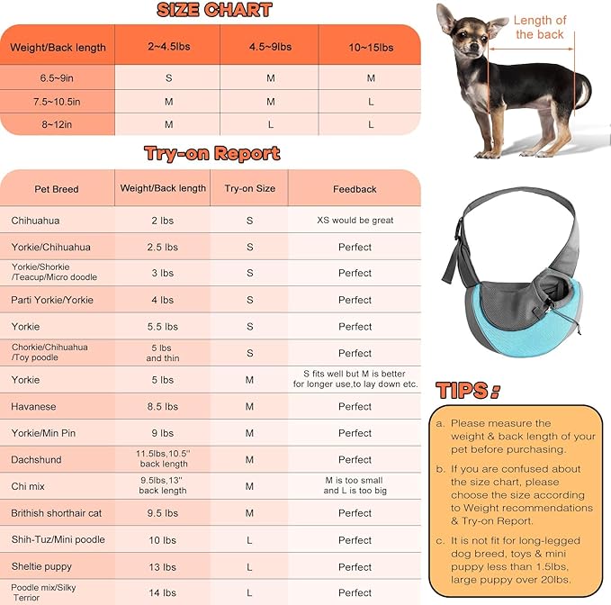 YUDODO Pet Sling Carrier for Small Dogs &amp; Cats – Hands-Free Puppy Carrier with Safety Hook, Large Zipper Pocket, Soft Breathable Mesh, Adjustable Strap &amp; Reflective Strip (Cyan 1.0 L)