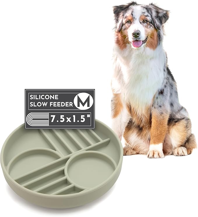 The Slowdown Bowl Silicone Slow Feeder for Dogs &amp; Puppies, Slow Eating Modern Lick Mat Design Reduces Gulping, Fits 2 Cups 7.5” Across x 1.5” Tall, Mealtime Challenge, Medium-Sage