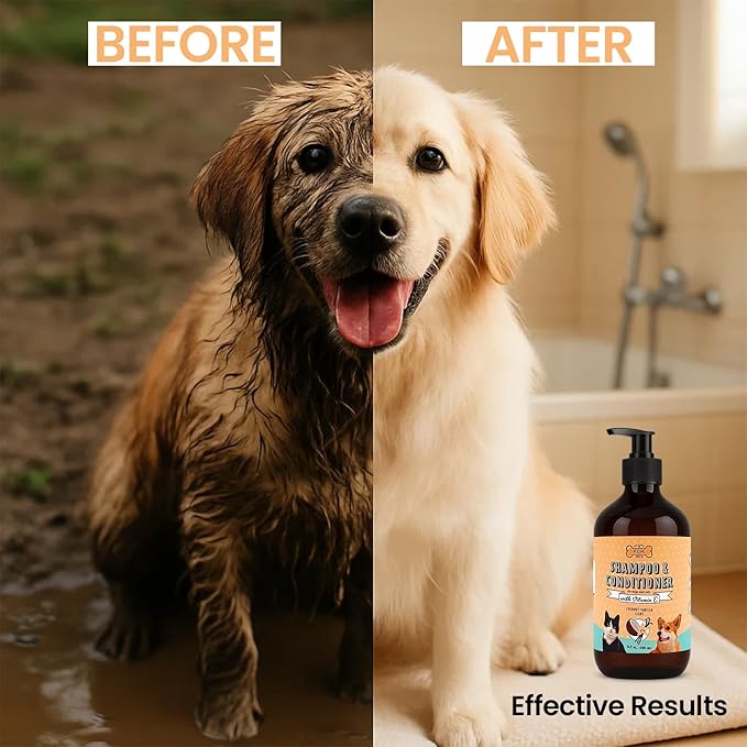 POM Pets 2-in-1 Organic Dog Shampoo &amp; Conditioner – Itchy Skin Relief, Dog Deshedding, Detangles Fur, Cat Shampoo, Paw Cleaner for Dogs, Natural Coat Defense Formula