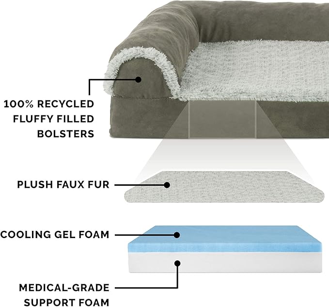 Furhaven Cooling Gel Dog Bed for Large/Medium Dogs w/ Removable Bolsters &amp; Washable Cover, For Dogs Up to 55 lbs - Two-Tone Plush Faux Fur &amp; Suede L Shaped Chaise - Dark Sage, Large