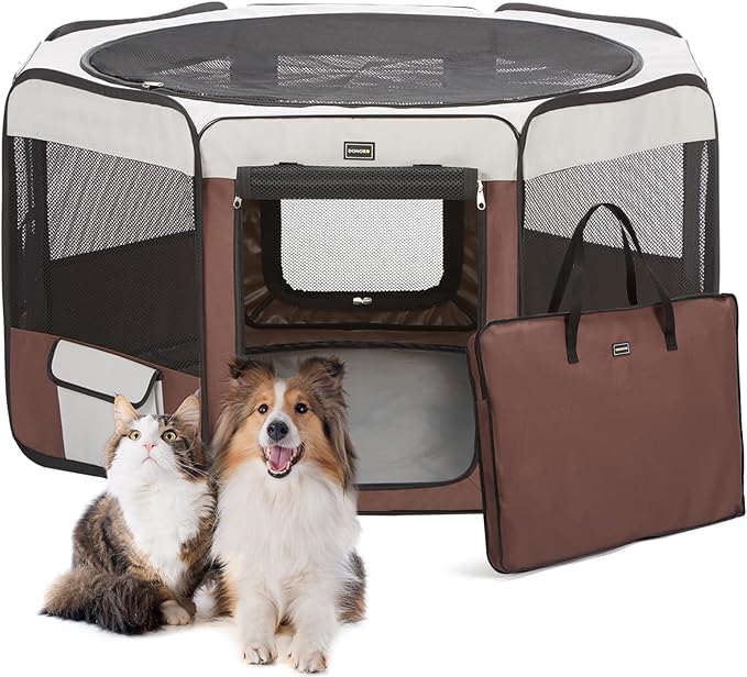 DONORO Dog Playpen 55" Portable Pet Play Pens for Medium Large Dogs, Foldable Exercise Kennel Tent Crate Indoor/Outdoor Travel Camping, Removable Top/Bottom (55"x55"x30"), 8
