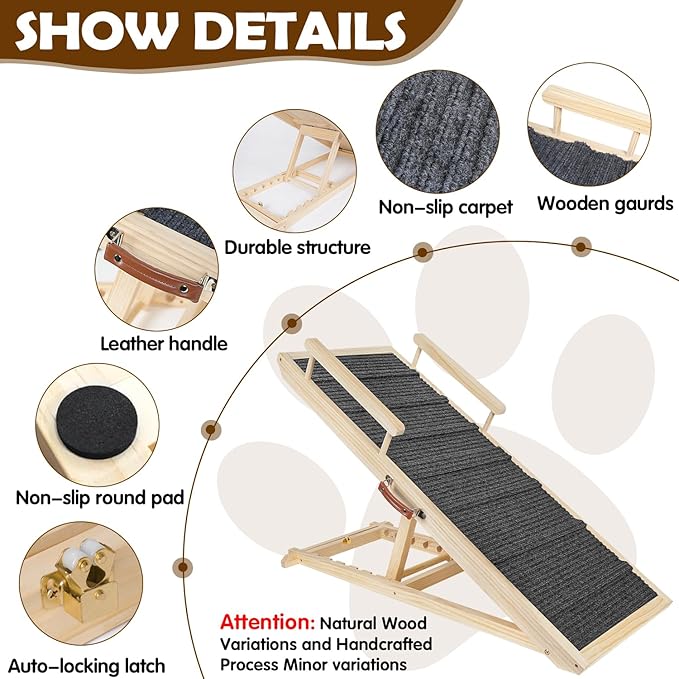 Dog Ramp for Couch, Bed or Car, Wooden 44" Long Pet Stairs for Small &amp; Large Old Dogs &amp; Cats, Hold up to 200lb, 5 Adjustable Height from 14.96" to 22", Portable Doggie Steps, Excellent Traction