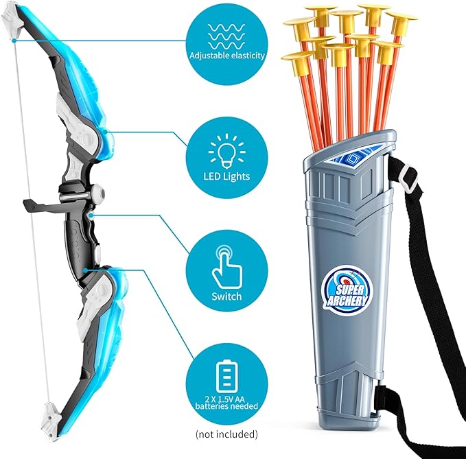 TEMI Bow and Arrow Set for Kids - Archery Toy Set - LED Light Up with Suction Cup Arrows, Target &amp; Quiver, Indoor and Outdoor Toys for Children Boys Girls