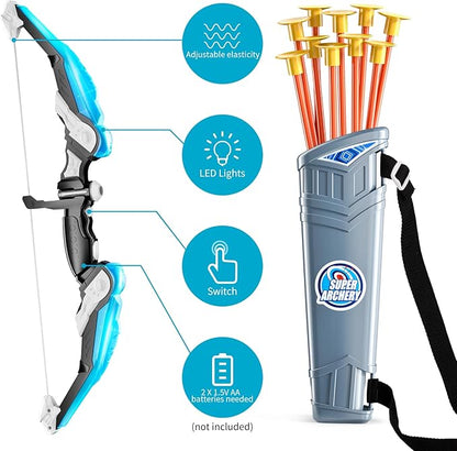TEMI Bow and Arrow Set for Kids - Archery Toy Set - LED Light Up with Suction Cup Arrows, Target &amp; Quiver, Indoor and Outdoor Toys for Children Boys Girls