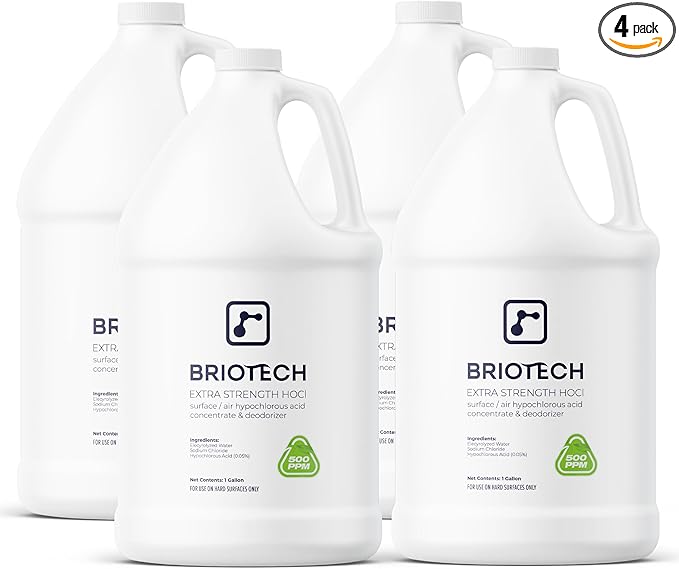 BRIOTECH Extra Strength HOCl Cleaner, 500 PPM Hypochlorous Acid Concentrate, ULV Foggers &amp; Humidifiers, Professional Deodorizer for Dental, Offices, Schools, Homes, Peroxide Free, 1 Gallon (4 Pack)