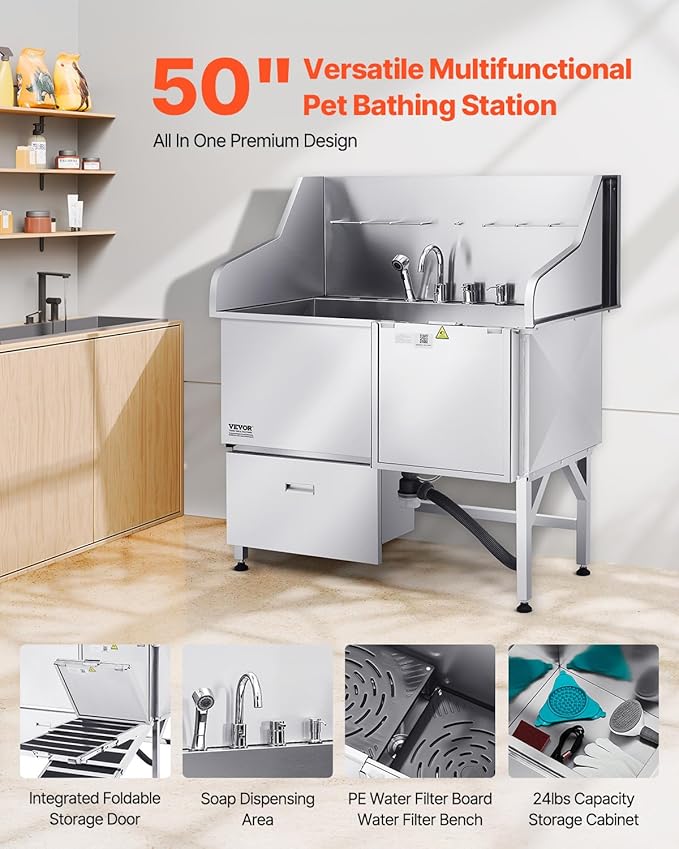 VEVOR Professional 304 Stainless Steel Dog Bathing Station, 50 inch Pet Grooming Tub w/Anti-Slip ramp, Storage Drawer, Cold Hot Faucet Showerhead, for Large &amp; Medium &amp; Small (Right Door, with Drawer)