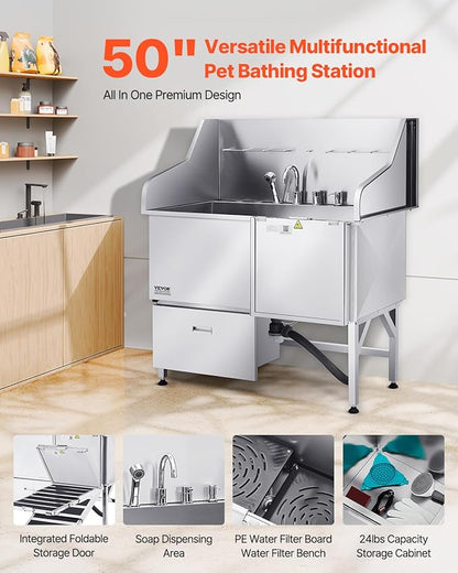 VEVOR Professional 304 Stainless Steel Dog Bathing Station, 50 inch Pet Grooming Tub w/Anti-Slip ramp, Storage Drawer, Cold Hot Faucet Showerhead, for Large &amp; Medium &amp; Small (Right Door, with Drawer)