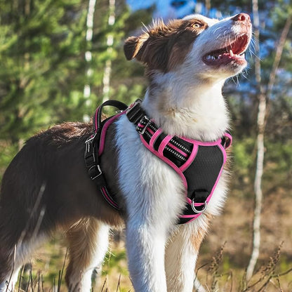 rabbitgoo Dog Harness Medium Sized, No Pull Dog Vest with 3 Buckles, Adjustable Soft Padded Pet Harness with Easy Control Handle and Reflective Strips, Black &amp; Rose Pink, M