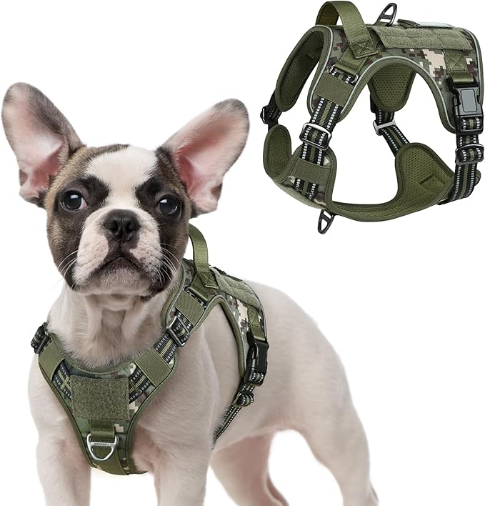 rabbitgoo Tactical Dog Harness for Small Dogs, No Pull Military Service Vest with Handle &amp; Molle, Easy Control for Training Walking, Adjustable Reflective Straps, Green camo, S