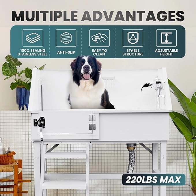 Dog Washing Station for Home, 38" White Professional Stainless Steel Dog Grooming Tub, Height Adjustable Dog Bathing Station, Upgrade Parts, Dog Bath Tubs for Small &amp; Medium Dogs(Left Stair)