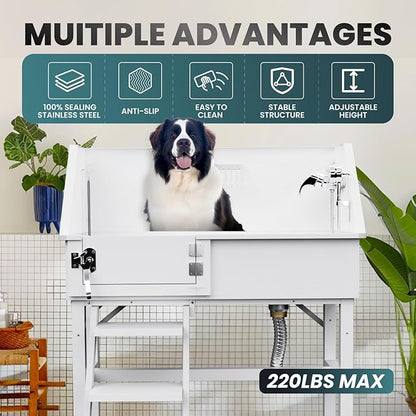 Dog Washing Station for Home, 38" White Professional Stainless Steel Dog Grooming Tub, Height Adjustable Dog Bathing Station, Upgrade Parts, Dog Bath Tubs for Small &amp; Medium Dogs(Left Stair)