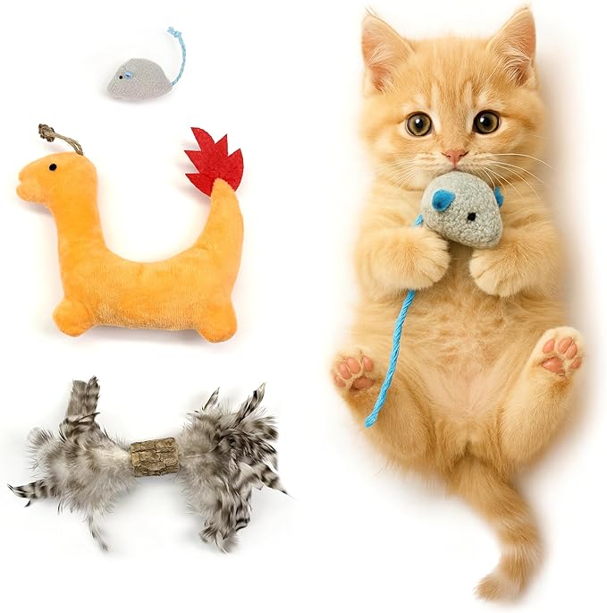 Catnip Toys 3 Pack – Plush Catnip Toy with Gall Fruit &amp; Silvervine Stick with Feathers, Interactive Chew &amp; Kick Toys for Indoor Cats, Relieve Stress &amp; Encourage Exercise