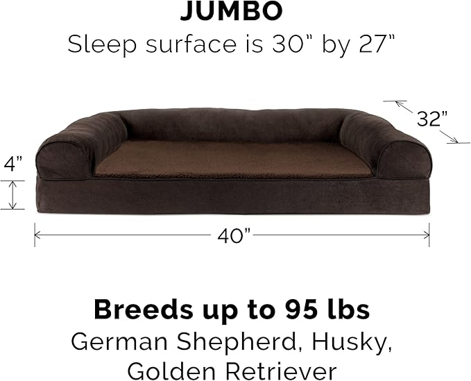 Furhaven Orthopedic Dog Bed for Large Dogs w/ Removable Bolsters &amp; Washable Cover, For Dogs Up to 95 lbs - Sherpa &amp; Chenille Sofa - Coffee, Jumbo/XL