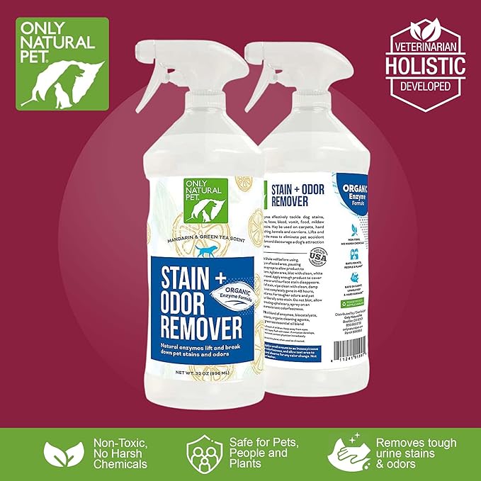 Only Natural Pet Enzyme Powered Stain &amp; Odor Eliminator - Professional Pet Urine Pee Cleaner Deodorizer For Dogs - Hardwood Floors Carpets Upholstery - Fresh Mandarin Orange &amp; Green Tea Scent - 32Floz
