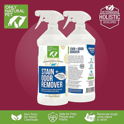 Only Natural Pet Enzyme Powered Stain &amp; Odor Eliminator - Professional Pet Urine Pee Cleaner Deodorizer For Dogs - Hardwood Floors Carpets Upholstery - Fresh Mandarin Orange &amp; Green Tea Scent - 32Floz