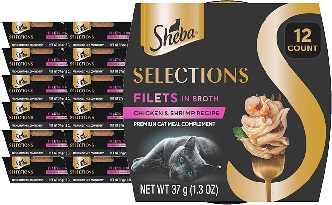 Sheba Selections Filets in Broth Adult Wet Cat Meal Complement Chicken &amp; Shrimp Recipe, 1.3 oz. Cups, 12 Count