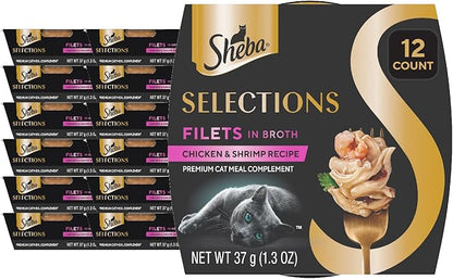 Sheba Selections Filets in Broth Adult Wet Cat Meal Complement Chicken &amp; Shrimp Recipe, 1.3 oz. Cups, 12 Count