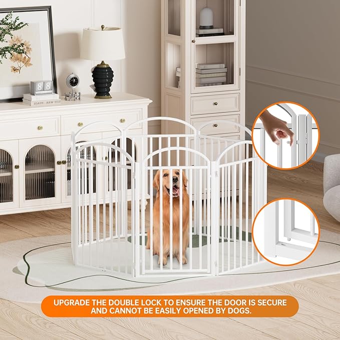 8 Panles Full Matel Freestanding Dog Gates with Door, 192"Extra Wide 36"Tall Free Standing Dog Pet Gate for Indoor &amp; Outdoor. Foldable Pet Fences for Doorways, House, Stairs, Porch, Deck, Yard