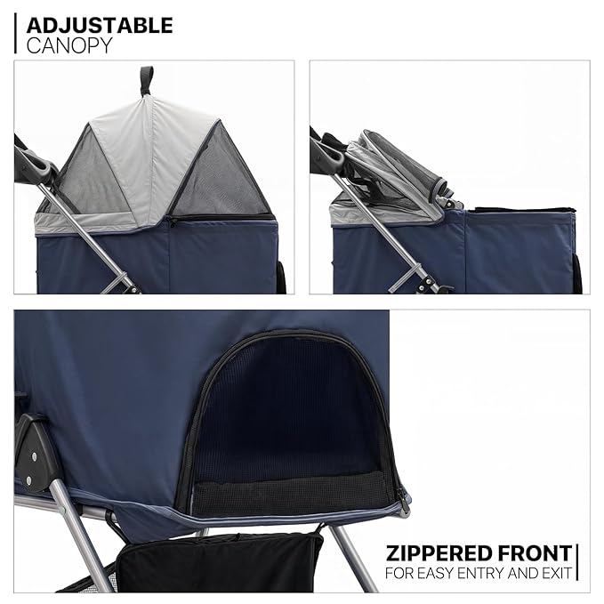 MoNiBloom 3 in 1 Foldable Pet Stroller for Small &amp; Medium Dogs, Detachable Carrier, Car Seat, Push Button Entry, 4-Wheel Jogger for Pets up to 33 lbs, Navy Blue