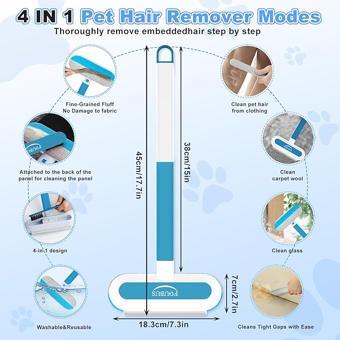 Multifunctional Pet Hair Remover Tool, 4 in 1-Reusable Washable Long Handle Dog&amp;Cat Fur Hair Remover for Furniture,Carpet,Couch,Clothes,Bedding,Car,Window,Better Than Lint Rollers, with 2 Scrapers