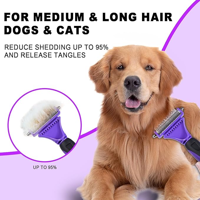 Pet Grooming Brush, Double Sided Undercoat Rake for Dogs &amp; Cats, Professional Deshedding Brush and Dematting Tool, Safe and Effective Removing Knots, Mats, Tangles,and Flying Hair