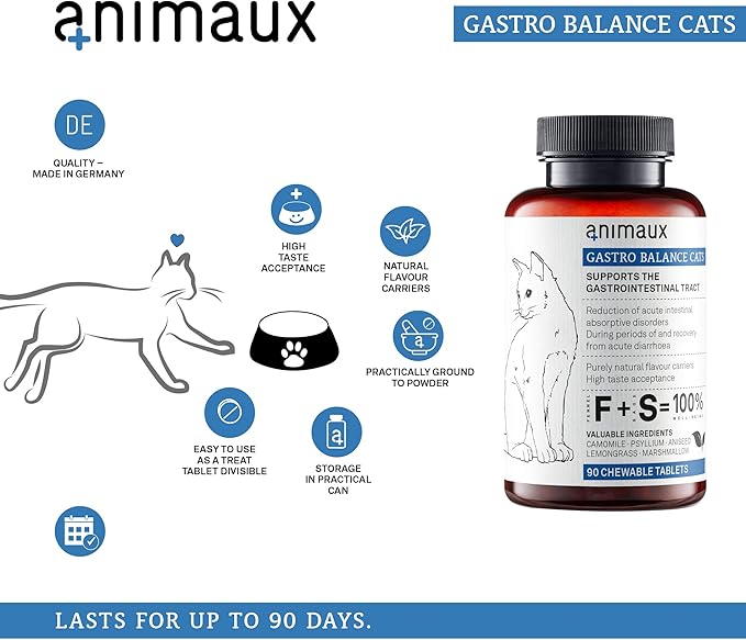 animaux - Gastro Balance for Cats, Supports Gastro-intestinal Tract, Prevents Diarrhoea, Constipation, Hairballs &amp; Flatulence, supplementary probiotics, 90 chewable Tablets, 90 Days Supply