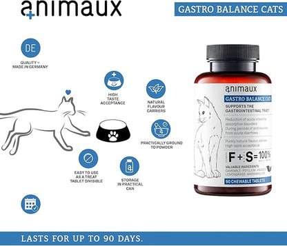 animaux - Gastro Balance for Cats, Supports Gastro-intestinal Tract, Prevents Diarrhoea, Constipation, Hairballs &amp; Flatulence, supplementary probiotics, 90 chewable Tablets, 90 Days Supply