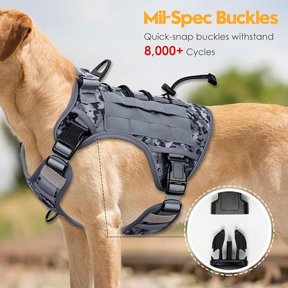 Heavy-Duty Tactical Dog Harness for Large Dogs, No Pull Adjustable Reflective Pet Vest with Molle System, K9 Military-Grade Control for Service Training, Outdoor &amp; 10+ Breeds, Gray Camo, Large