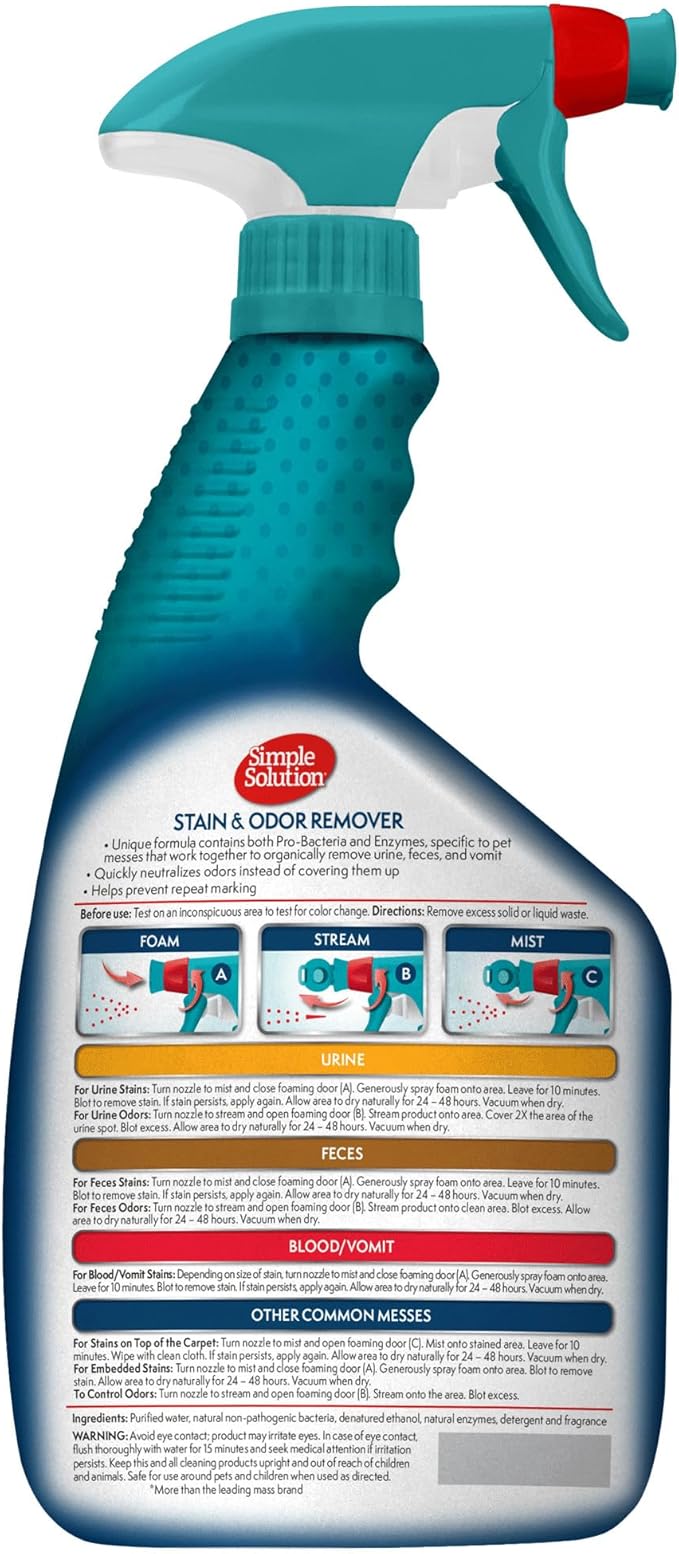 Simple Solution Stain &amp; Odor Eliminator for Pets, Carpet Deodorizer, Enzyme Pet Odor Eliminator for Home, Stain Remover for Cat &amp; Dog Pee, Urine Destroyer, Carpet Cleaner Spray, 32 oz