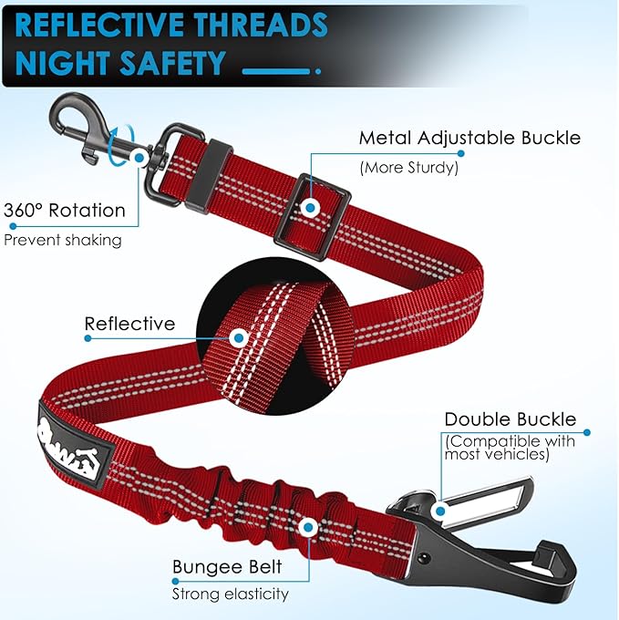 Lukovee Dog Seatbelt Leash for Cars, 2 Pack Pet Safety Seat Belt with Adjustable Buckle &amp; Reflective Bungee, Connect Dog Harness in Vehicle Dogs Restraint Travel Daily Use (Red)