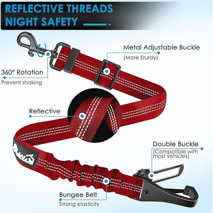Lukovee Dog Seatbelt Leash for Cars, 2 Pack Pet Safety Seat Belt with Adjustable Buckle &amp; Reflective Bungee, Connect Dog Harness in Vehicle Dogs Restraint Travel Daily Use (Red)