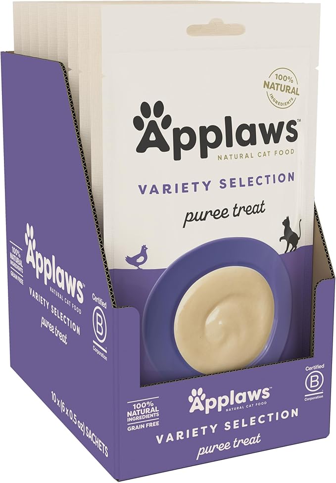 Applaws Lickable Cat Treats, Natural Grain-Free Purée, Limited Ingredient, Variety of Chicken, Tuna, &amp; Salmon Squeeze Up Cat Treats (60 x 0.5 oz Sachets)