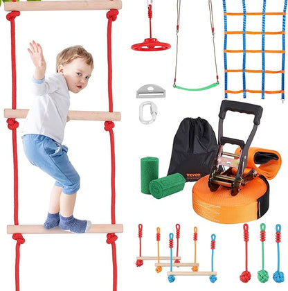 VEVOR Ninja Warrior Obstacle Course for Kids, 1 x 50 ft Weatherproof Slacklines, 500lbs Weight Capacity Monkey Line, Outdoor Playset Equipment, Backyard Toys Training Equipment Set with 10 Obstacles