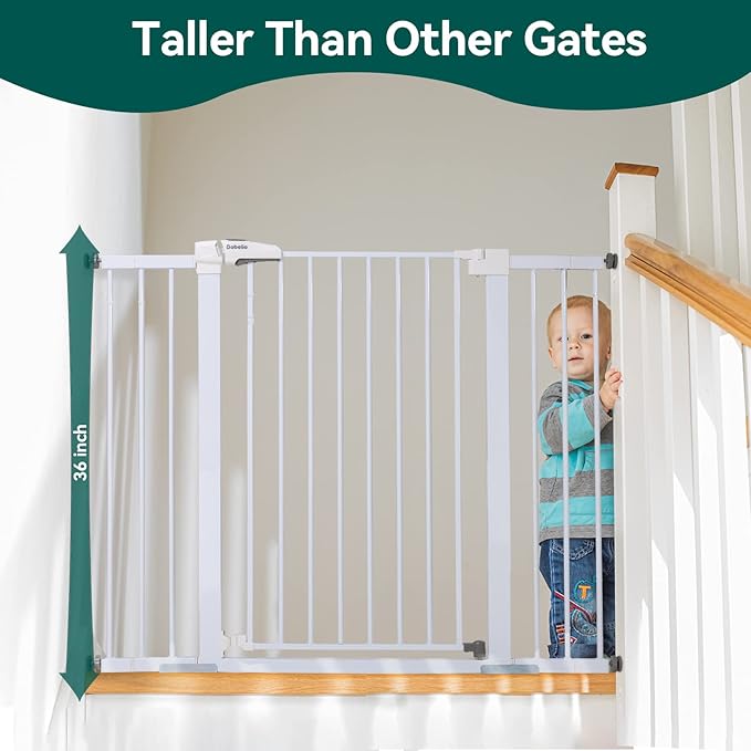 BABELIO 36" Tall Baby Gate, 29-48" Auto Close Pressure Mounted Dog Gate for Stairs, Doorways &amp; Hallway, Protector Basics Easy Walk Thru Pet Gate, Metal Child Gate with 2*Y Spindle Rods, White