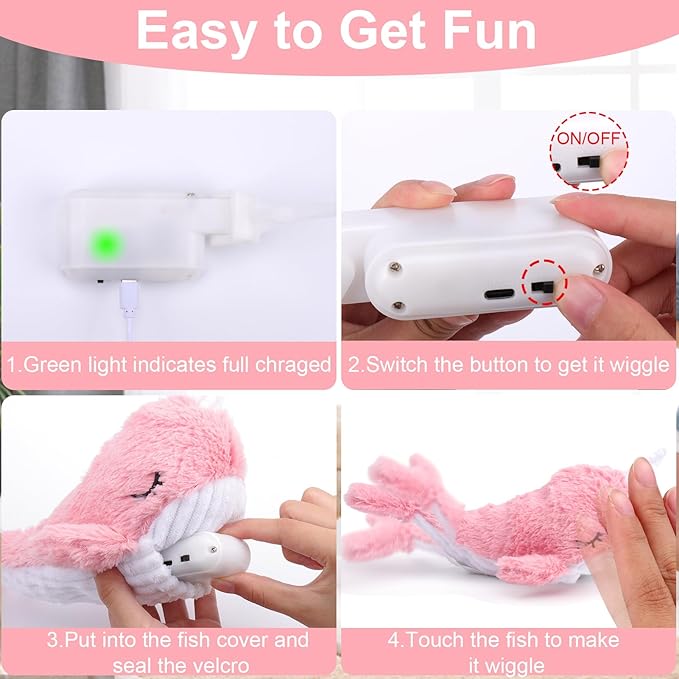 Mity rain 2 in 1 Interactive Dog Toys, Fish Dog Toy to Keep Them Busy, Plush Squeaky Dog Toys, Rechargeable Wiggly Pink Pet Toys for Small Medium Large Dogs, Moving Dog Toys for Indoor&amp;Outdoor