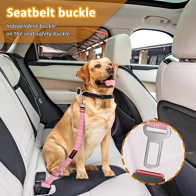 Removable Dog Seat Belt Harness for Car, 3 in 1 Pet Dog Car Seatbelt Leash, Retractable Restraint Secures to Vehicle Headrest &amp; Adjustable Reflective Bungee Dog Seatbelt Tether, Pink and Black