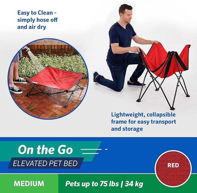 Coolaroo On-The-Go Elevated Dog Bed - Foldable Pop-Up Travel Dog Bed with Breathable, Moisture-Resistant Fabric, Carry Bag Included, Lightweight &amp; Portable, Red, Medium