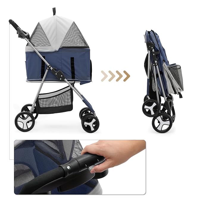 MoNiBloom 3 in 1 Foldable Pet Stroller for Small &amp; Medium Dogs, Detachable Carrier, Car Seat, Push Button Entry, 4-Wheel Jogger for Pets up to 33 lbs, Navy Blue