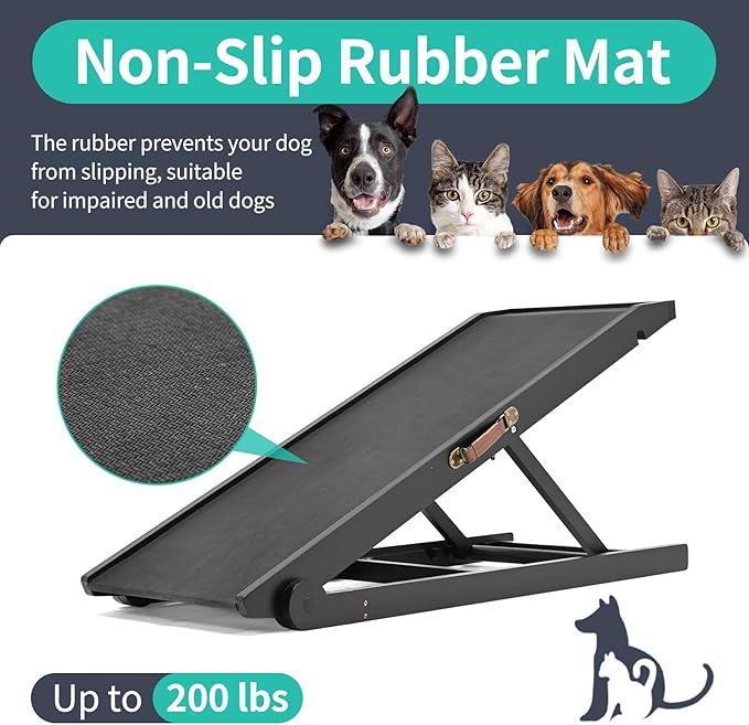 Dog Ramp, Adjustable Height Wooden Folding Pet Ramp for Bed, Couch,SUV-High Traction, Portable Paw Ramps for Small &amp; Large Old Dogs &amp; Cats - Furniture Quality