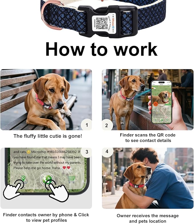 Dog Collar with Waterproof AirTag Holder &amp; Anti-Lost QR Code, Cute Bling Warpping Adjustable Width for Small Medium Large Pet (Blue, L)