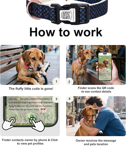 Dog Collar with Waterproof AirTag Holder &amp; Anti-Lost QR Code, Cute Bling Warpping Adjustable Width for Small Medium Large Pet (Blue, L)