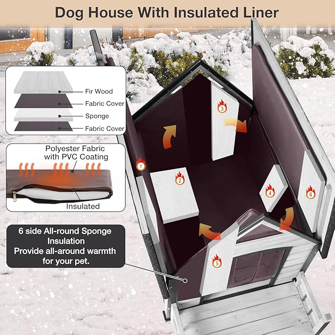 Metal Frame Dog House with Insulated Liner for Indoor &amp; Outdoor Use - Large Dog Kennel with Weatherproof Roof &amp; Foot Pads for Small, Medium &amp; Large Dogs(White)
