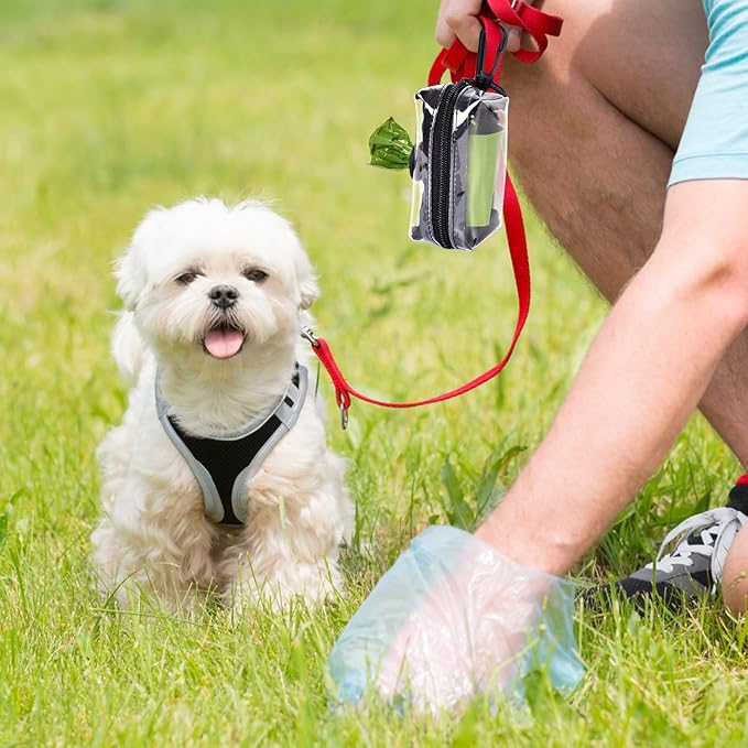 Clear Metal Dog Waste Bag Dispenser &amp; Holder - Portable, 1 Hand Free, Fits Leash Accessory, Set Includes Dog Poop Bags